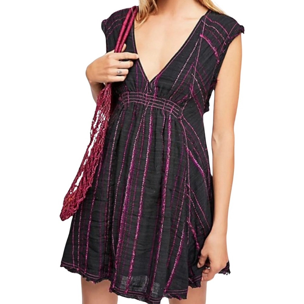 Free People Dress Boho Burlap Raw Flowy Frayed Plunge - Picture 11 of 11